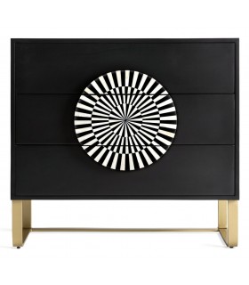 Cómoda art decó negra con tirador de hueso blanco y patas doradas.