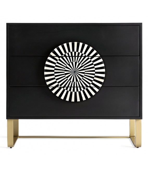 Cómoda art decó negra con tirador de hueso blanco y patas doradas.