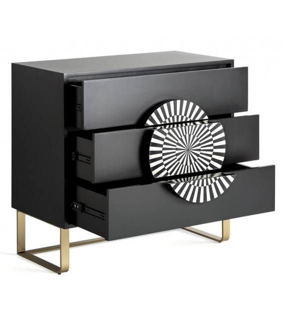 Cómoda art decó negra con tirador de hueso blanco y patas doradas. 1
