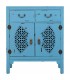 Taquillón oriental azul puertas caladas y cajones, estilo artesanal.