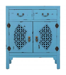Taquillón oriental azul puertas caladas y cajones, estilo artesanal.