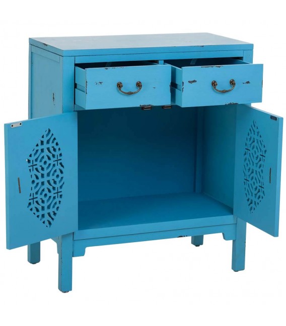 Taquillón oriental azul puertas caladas y cajones, estilo artesanal.1