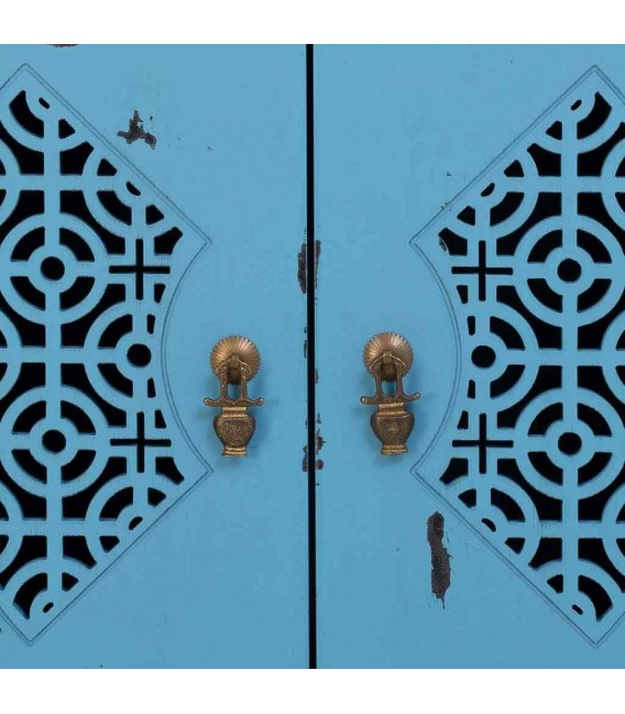 Taquillón oriental azul puertas caladas y cajones, estilo artesanal.5