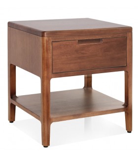 Mesita de noche colonial de madera maciza con cajón y repisa.