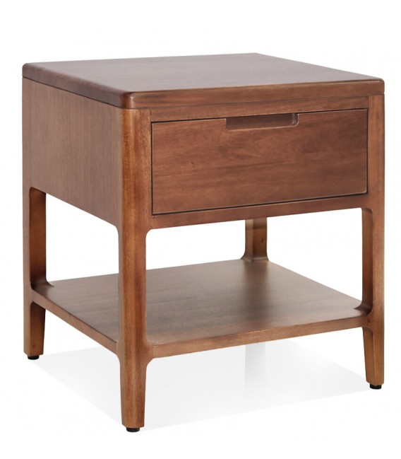 Mesita de noche colonial de madera maciza con cajón y repisa.