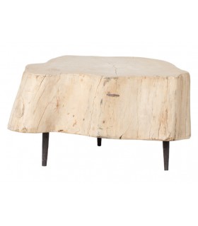 Mesa de centro pequeña en tronco natural con patas metálicas. Mdmhogar