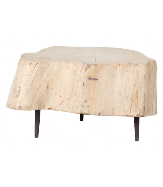 Mesa de centro pequeña en tronco natural con patas metálicas. Mdmhogar