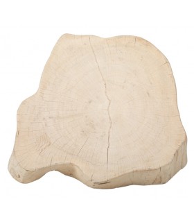 Mesa de centro pequeña en tronco natural con patas metálicas.