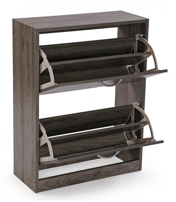 Zapatero bajo 2 puertas, 3 compartimentos, en nogal y metal.