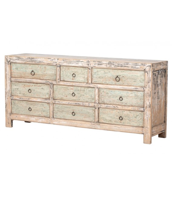 Cómoda XXL oriental de 9 cajones en madera decapada turquesa y negro. Mdmhogar