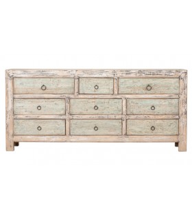 Cómoda XXL oriental de 9 cajones en madera decapada turquesa y negro.