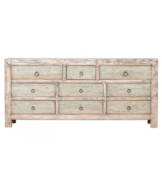 Cómoda XXL oriental de 9 cajones en madera decapada turquesa y negro.