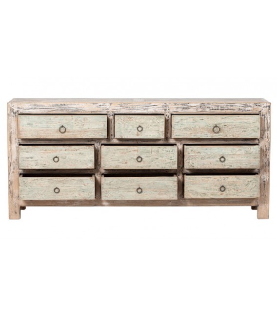 Cómoda XXL oriental de 9 cajones en madera decapada turquesa y negro.1