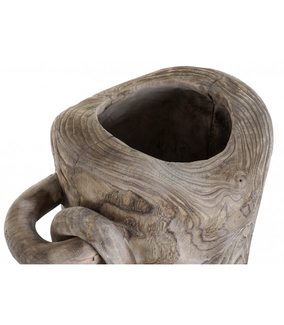 Jarrón boho tallado en madera de sauce natural con asa escultórica.
