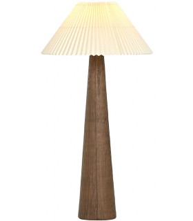 Lámpara de pie rústica con base de cerámica y pantalla plisada beige.