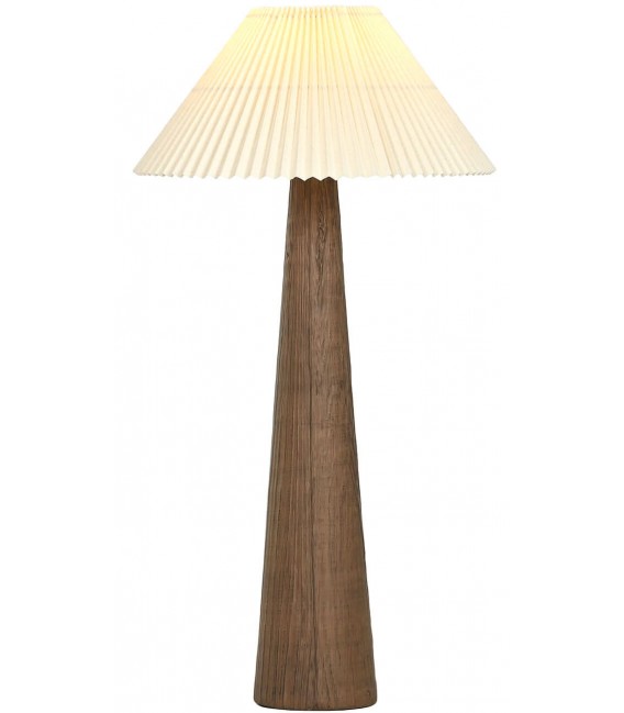 Lámpara de pie rústica con base de cerámica y pantalla plisada beige.