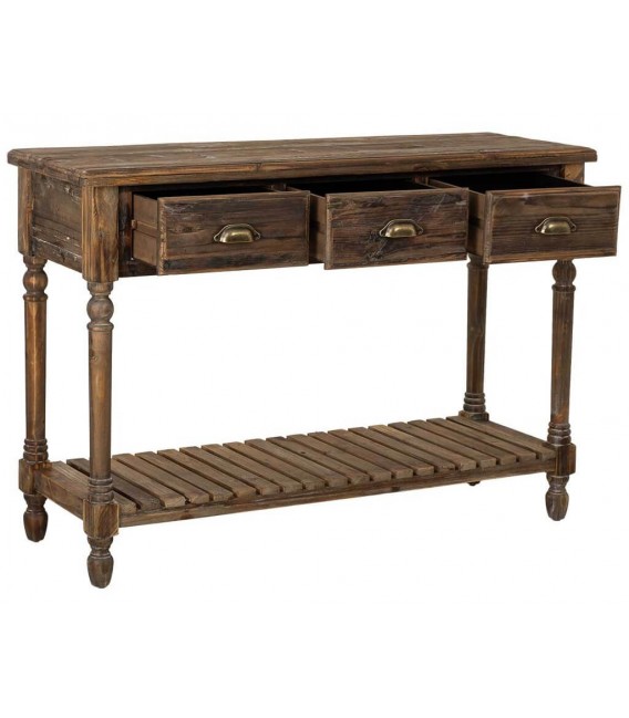 Consola rústica de madera reciclada con cajones y balda inferior.1