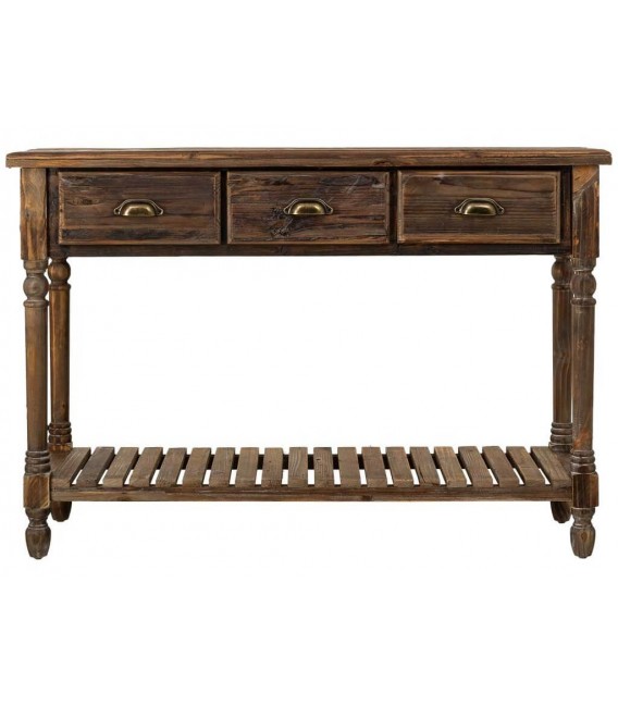 Consola rústica de madera reciclada con cajones y balda inferior.