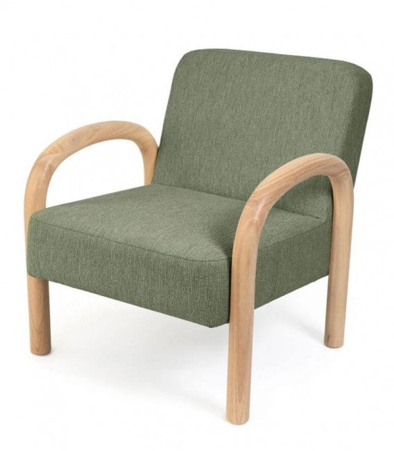 Butaca nórdica tapizada en verde con estructura de madera natural. Mdmhogar