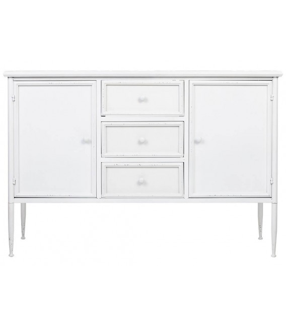 Aparador vintage metal blanco 2 puertas 3 cajones y acabado vintage.