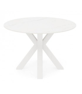 Mesa redonda blanca de metal y porcelánico efecto mármol con vetas.