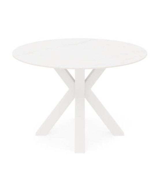 Mesa redonda blanca de metal y porcelánico efecto mármol con vetas.