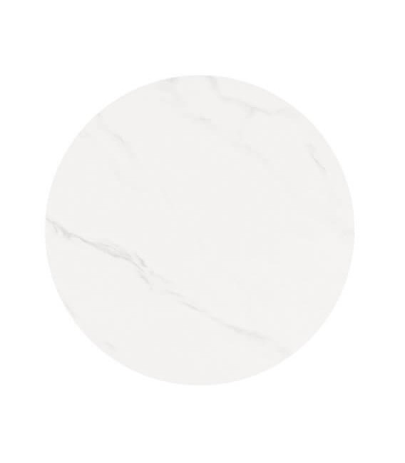 Mesa redonda blanca de metal y porcelánico efecto mármol con vetas.1