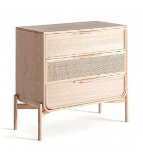 Cómoda de madera fresno y ratán natural con tres cajones funcionales. Mdmhogar
