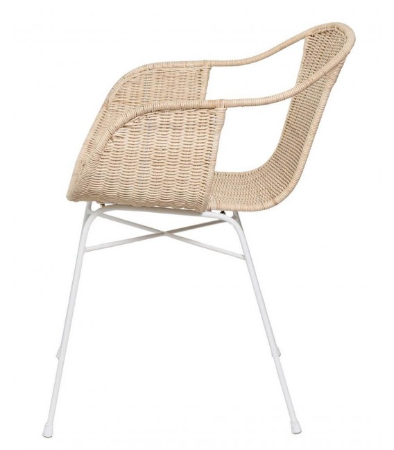Sillón de comedor en metal blanco y ratán natural, estilo colonial.2
