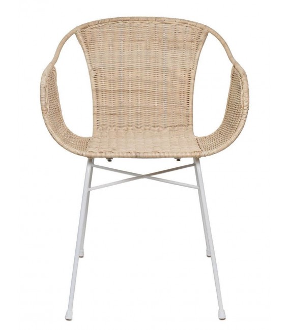 Sillón de comedor en metal blanco y ratán natural, estilo colonial.1