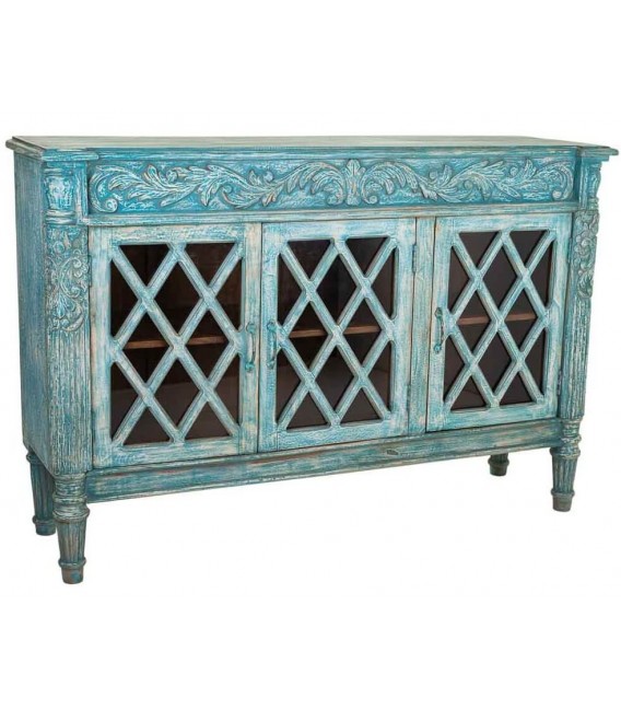 Aparador azul tallado con 3 puertas de cristal y acabado artesanal. Mdmhogar