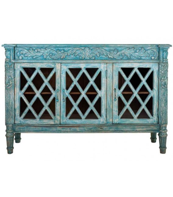 Aparador azul tallado con 3 puertas de cristal y acabado artesanal.