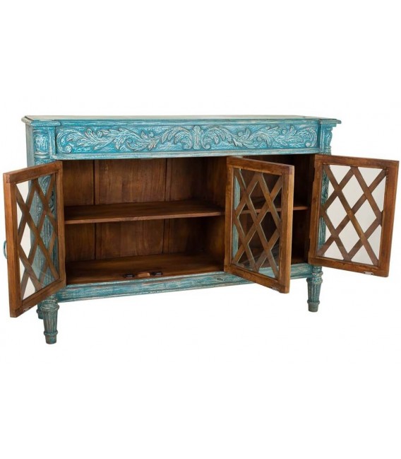 Aparador azul tallado con 3 puertas de cristal y acabado artesanal.1