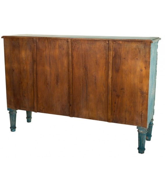 Aparador azul tallado con 3 puertas de cristal y acabado artesanal.2