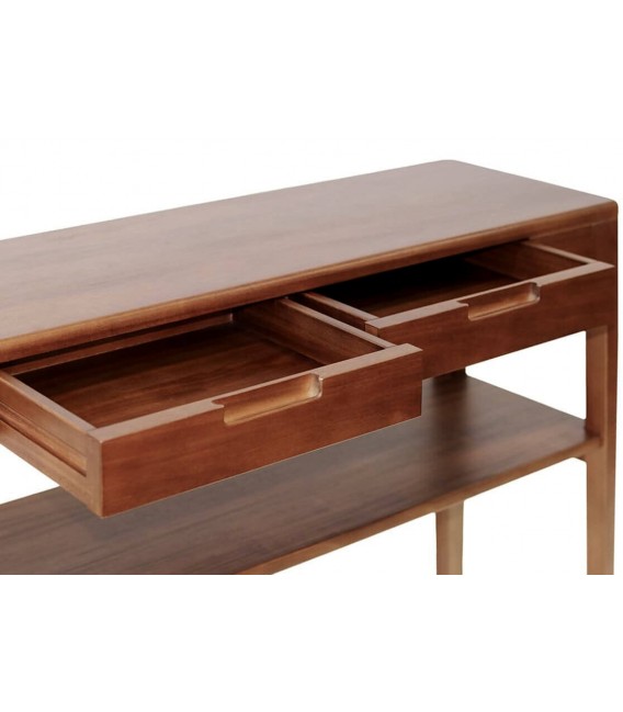 Consola colonial de caoba con cajones y balda inferior decorativa.2