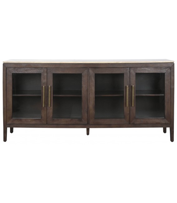 Aparador contemporáneo sobre de travertino y 4 puertas de cristal.