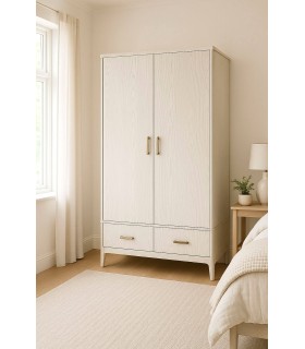 Armario nórdico blanco con barra, estantes interiores y cajones. Mdmhogar