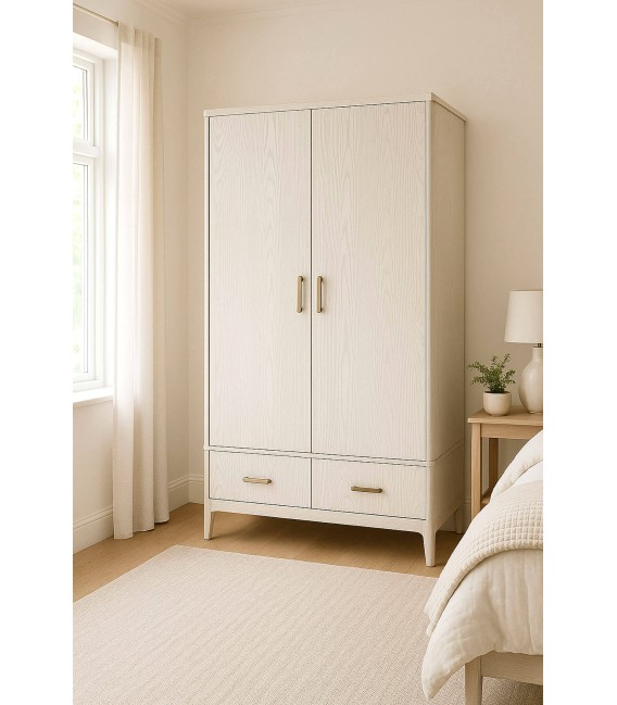 Armario nórdico blanco con barra, estantes interiores y cajones. Mdmhogar