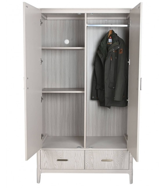 Armario nórdico blanco con barra, estantes interiores y cajones.3