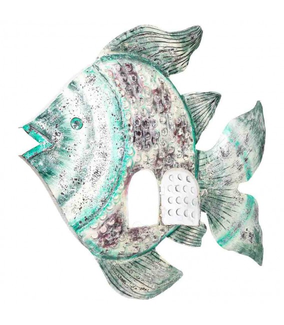 Porta velas pez XXL de metal decorado a mano en colores étnicos.