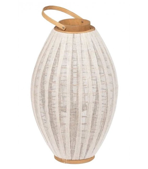 Portavelas XXL de bambú, lino crudo y cristal, estilo colonial.