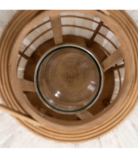 Portavelas XXL de bambú, lino crudo y cristal, estilo colonial.2