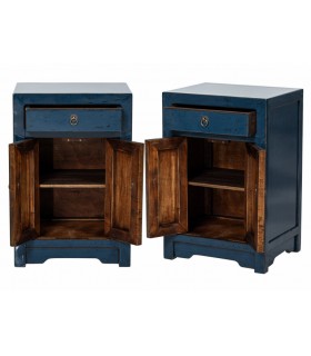 Set de 2 mesitas orientales azules, madera maciza y lacado artesanal.