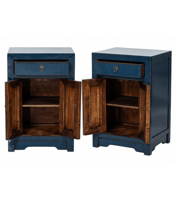 Set de 2 mesitas orientales azules, madera maciza y lacado artesanal.
