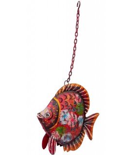 Portavelas colgante étnico con forma de pez, metal pintado a mano.