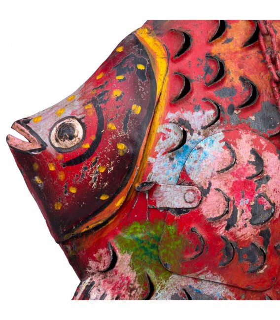 Portavelas colgante étnico con forma de pez, metal pintado a mano.3