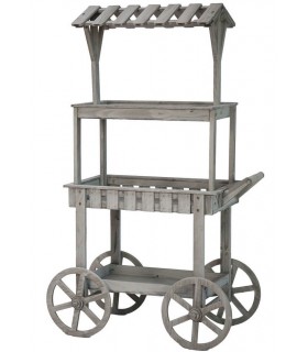 Carro expositor vintage de madera gris con tejadillo y ruedas grandes. Mdmhogar