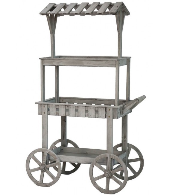 Carro expositor vintage de madera gris con tejadillo y ruedas grandes. Mdmhogar