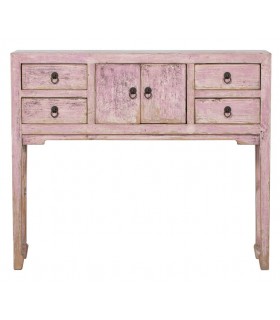Consola oriental en madera malva decapada, con 4 cajones y 2 puertas.