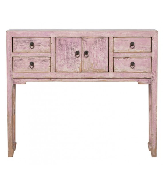 Consola oriental en madera malva decapada, con 4 cajones y 2 puertas.